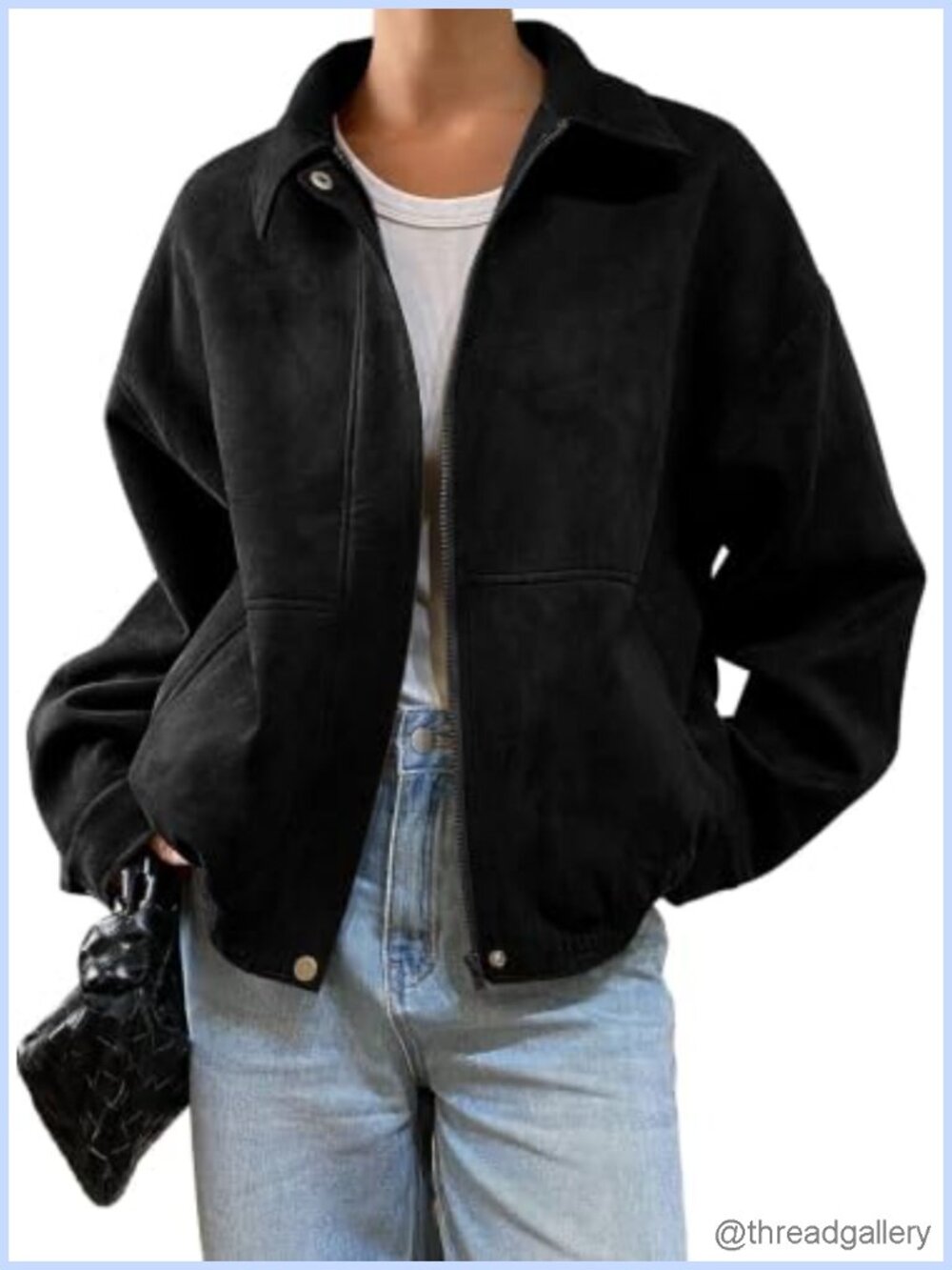 Faux Suede Bomber Jacket Oversized Zip Up Cropped Coat